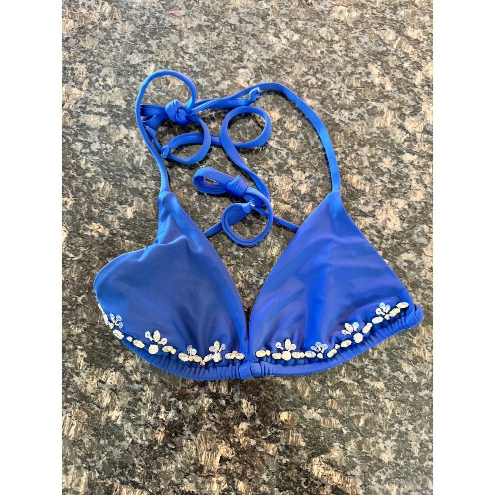 Oceanus The Label Blue Beaded Triangle Bikini Top Size S Cobalt Embellished Swim